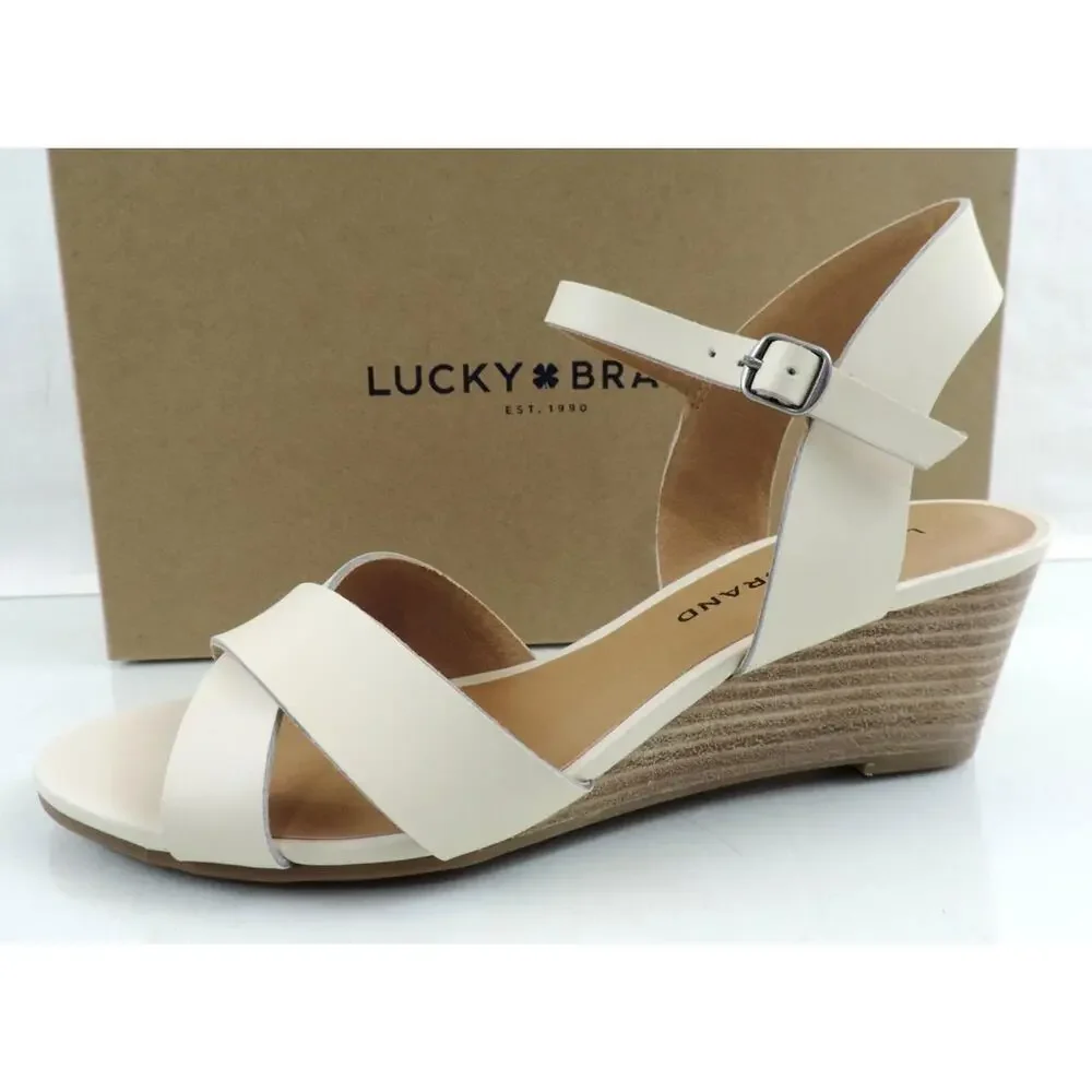 Women's Shoes Lucky Brand Jaidan Low Wedge Sandals Leather Linen Beige Size 10